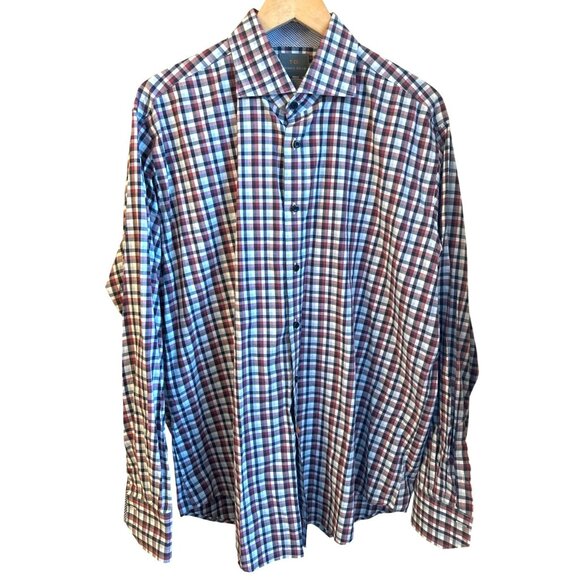 Thomas Dean Men's Black Red White Plaid Cotton Long Sleeve Shirt Size XL Preppy - Picture 1 of 4